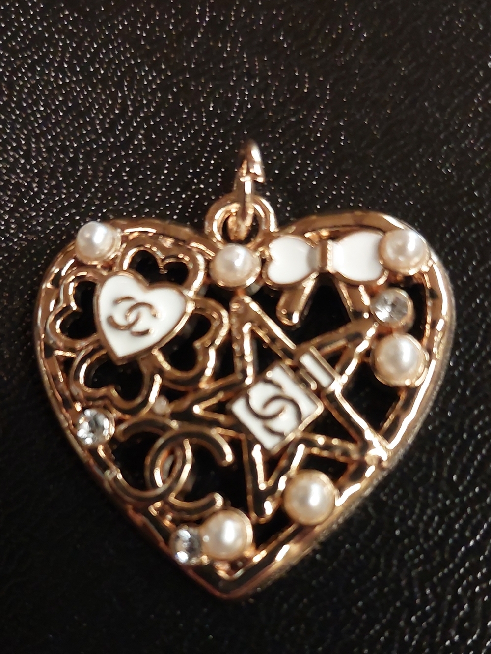 CC Gold-Tone Heart Charm Pendant with White Enamel & Pearls